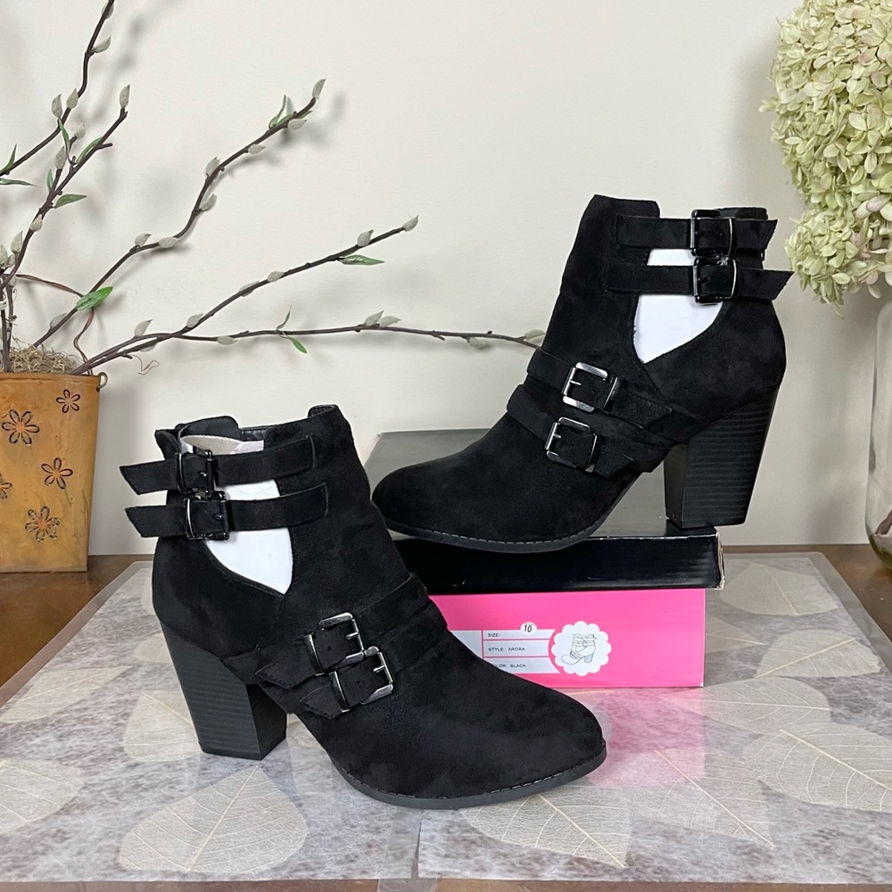 Charlotte Russe Arora Faux Suede Cutout Open Ankle Strappy Buckle Heeled Booties